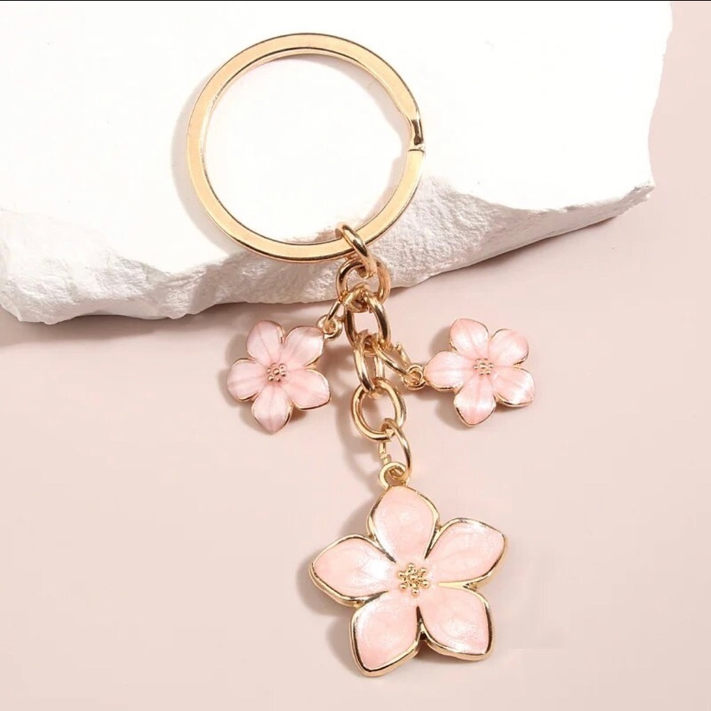 3 For $35 Pink Enamel Plumeria Flower Keychain with Gold Tone Metal